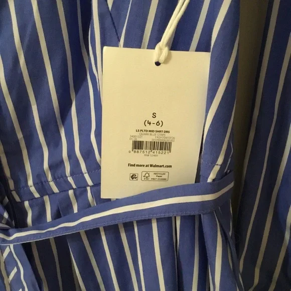 Free Assembly Pleated Cotton Midi Shirtdress Long Sleeves Blue Stripe Waist Tie - Picture 2 of 8